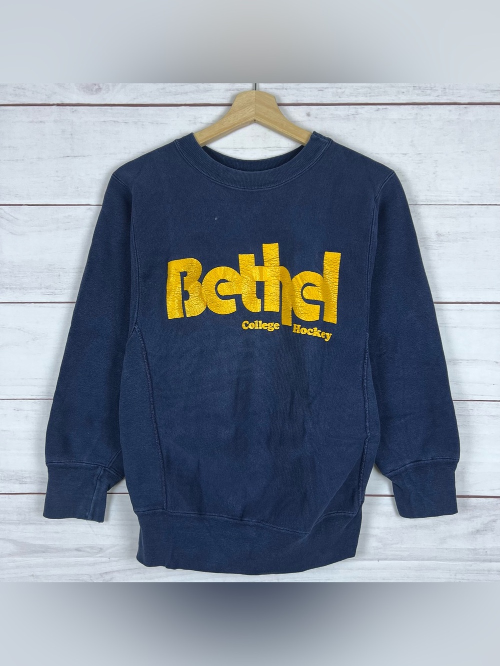 Vintage 90s Bethel College Hockey Sweatshirt Blue Size Small Sand Knit MacGregor